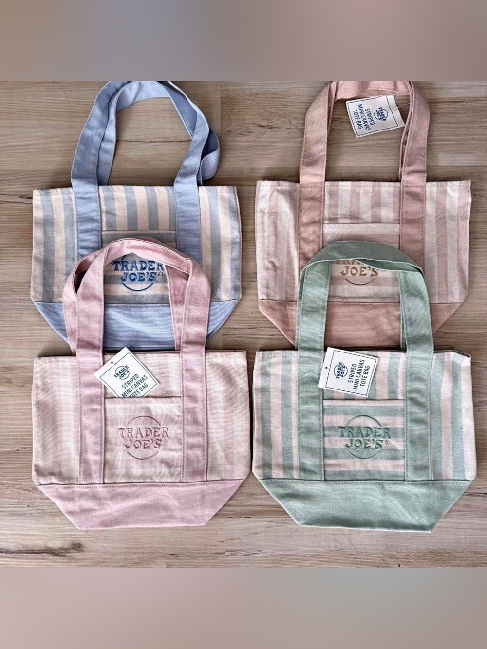 4 Trader Joe's Striped Canvas Mini-Tote Bags — Pastel Pink, Mint, Blue, or Beige